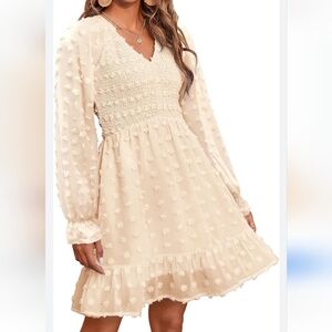 BTFBM cream smocked long sleeve v-neck mini dress size small